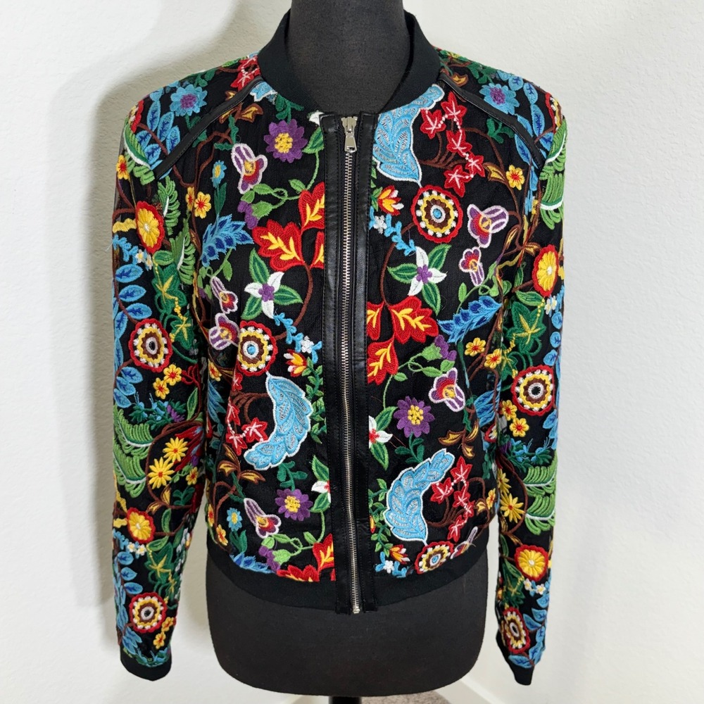Gaby & Eden Floral Embroidered Bomber Jacket Black Faux Leather Trim Large
